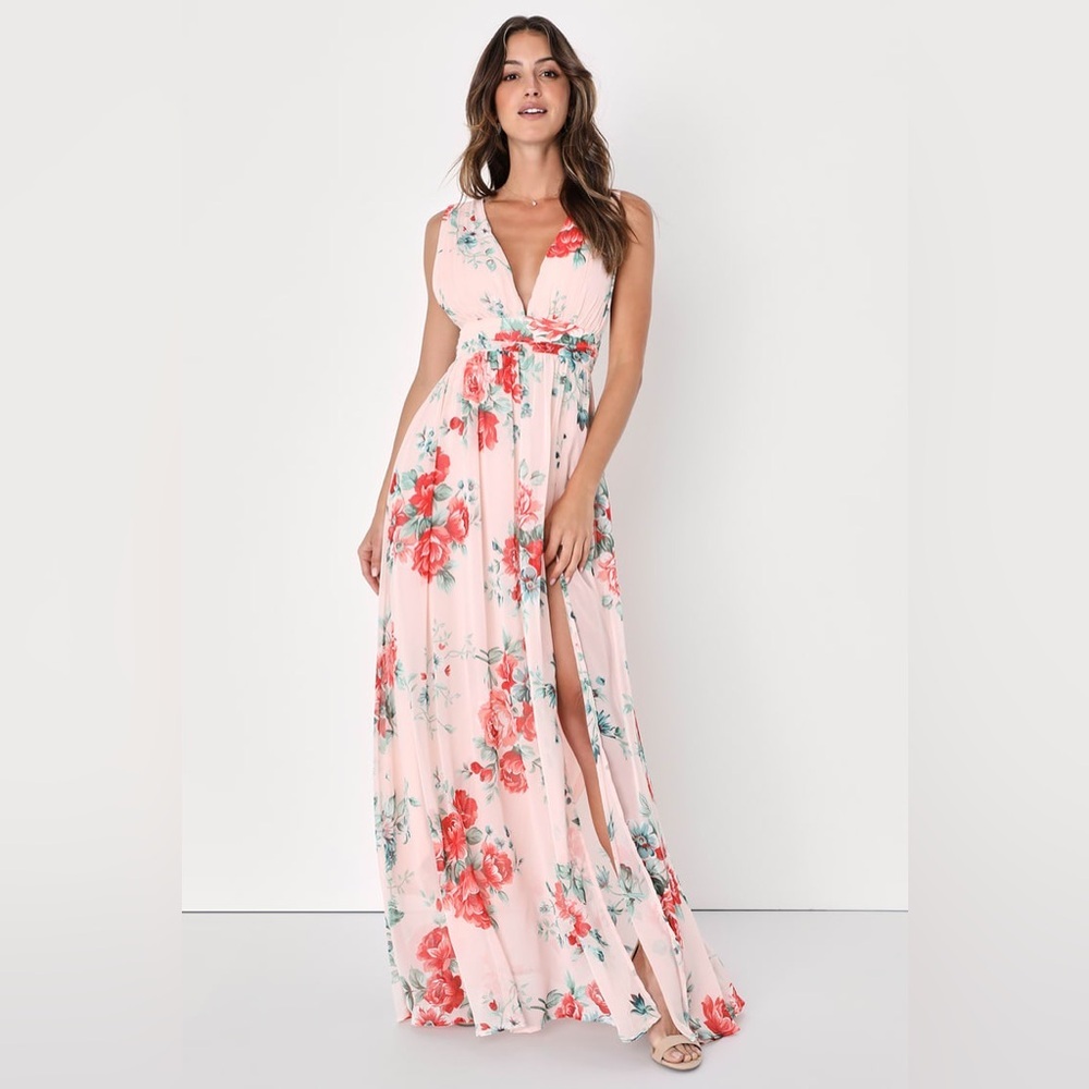 NWT Lulu's Blush Floral Garden Meandering Plunge Maxi Dress Size Small - Picture 3 of 7